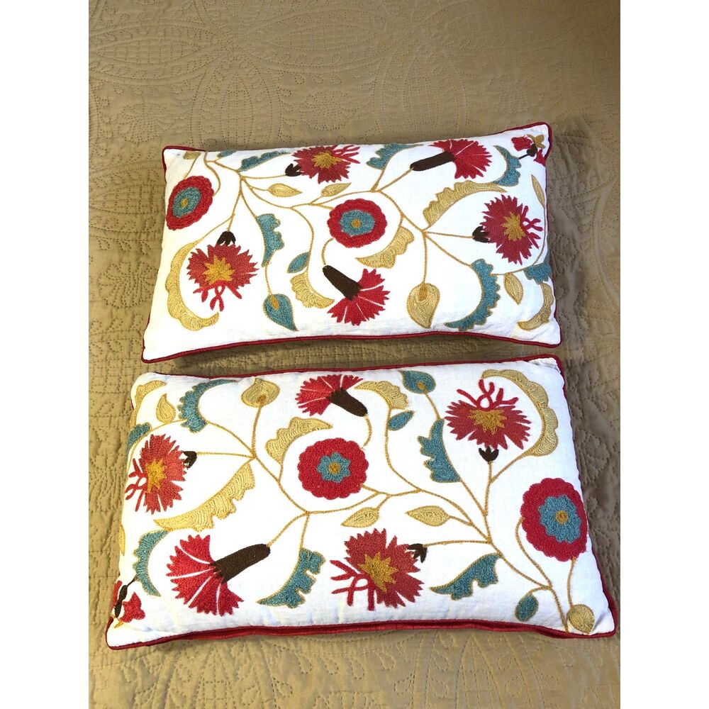 World Market Suzani Lumbar Pillow Set 12x20 Crewel Hand Embroidered Boho Fuchsia